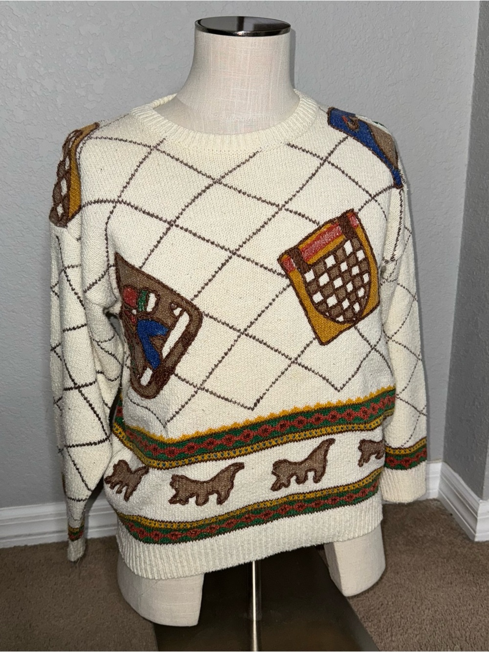 Vintage Chaus Patchwork Colorblock Knit Sweater medium VTG unique